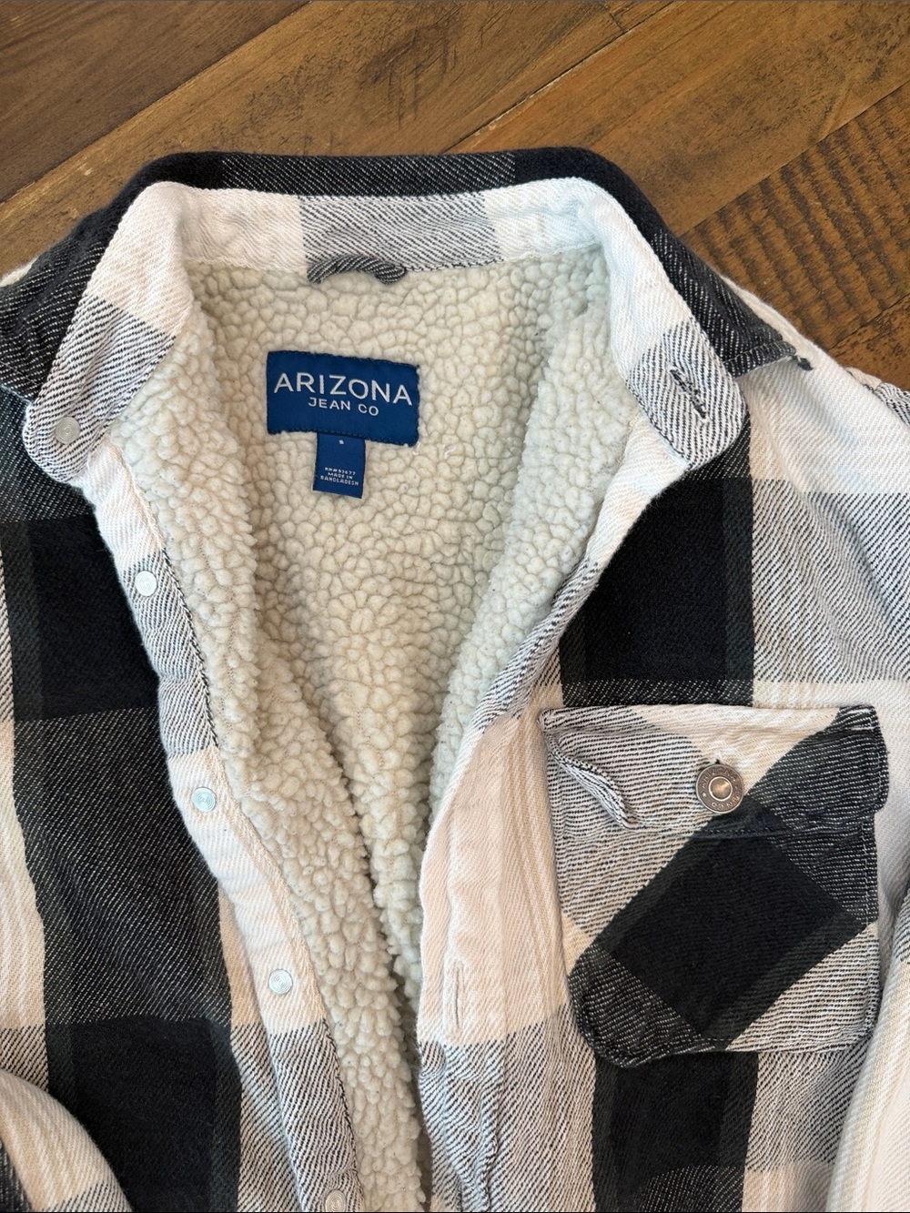 Arizona Jean Company Black & White Plaid Sherpa Shirt Jacket